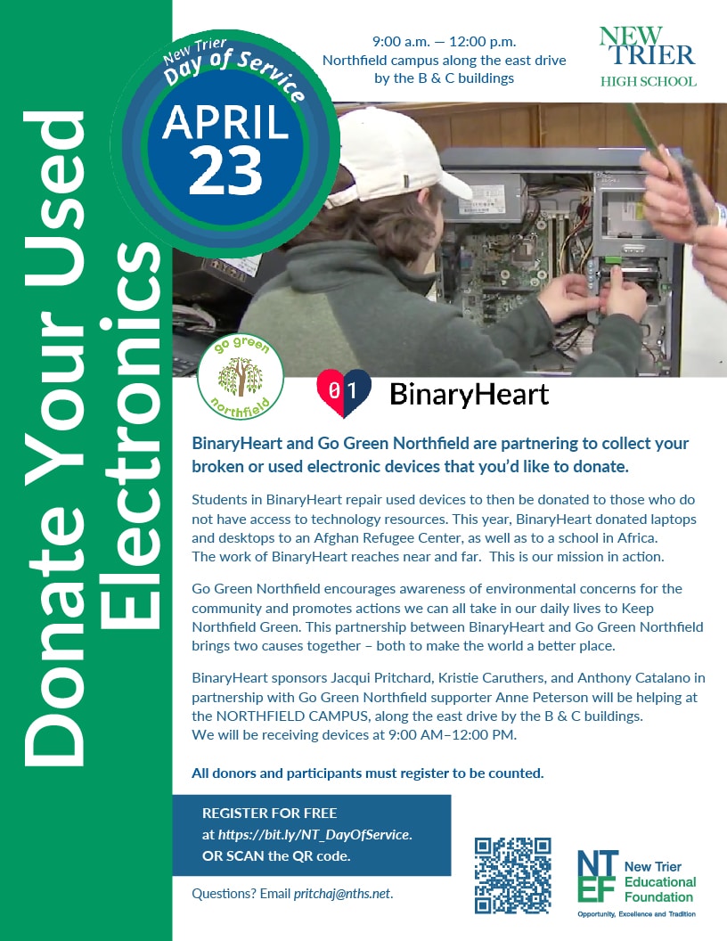 BinaryHeart and Go Green Northfield are collecting broken or used electronics to be repaired and donated to those without access to technology resources.